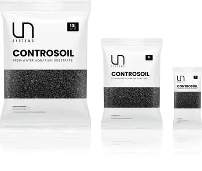 UNS Controsoil Black Fine freshwater aquarium substrate retail packaging in three bag sizes