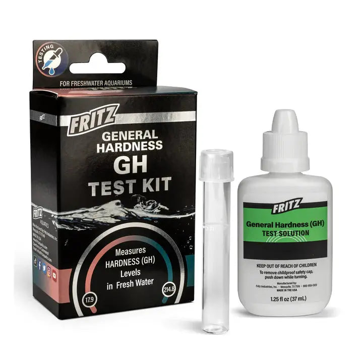 Close-up of Fritz GH Test Kit packaging with reagent bottle and test vial.
