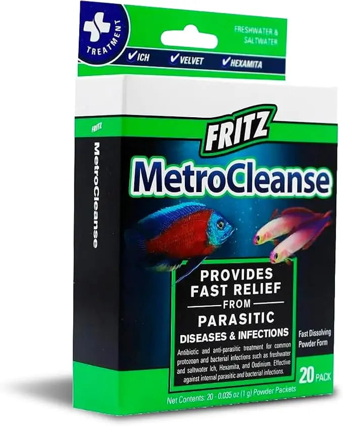 Fritz MetroCleanse 20 Pack aquarium fish medication – antiparasitic and antiprotozoal treatment for freshwater and saltwater fish.