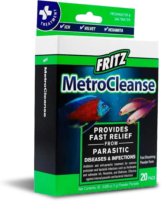 Fritz MetroCleanse 20 Pack aquarium fish medication – antiparasitic and antiprotozoal treatment for freshwater and saltwater fish.