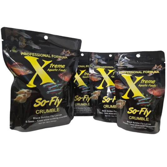 Xtreme So-Fly® – 1 mm Black Soldier Fly Larvae Crumble, 18 oz container of high-protein tropical fish food for community aquariums.