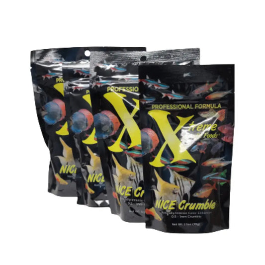 Xtreme NICE® Crumbles – 0.5 mm Slow-Sinking Crumble, 20 oz container of premium tropical fish food for fry, shrimp, and nano community aquariums.