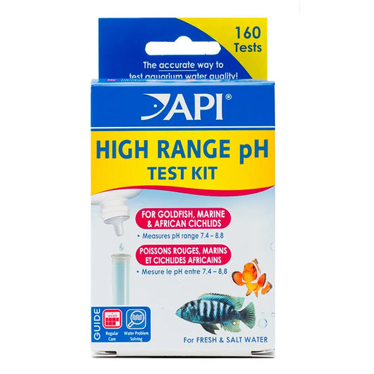 API High Range pH Test Kit – aquarium water testing kit for freshwater and saltwater tanks, measuring pH levels from 7.4 to 8.8.