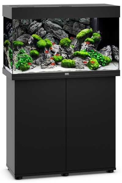 Juwel Rio 125 Black Aquarium & Cabinet Combo featuring integrated LED lighting, advanced filtration, and matching black stand for freshwater fish, planted aquariums, and community fish setups.