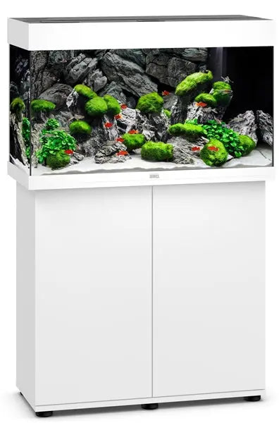 Juwel Rio 125 White Aquarium & Cabinet Combo featuring integrated LED lighting, advanced filtration, and matching white stand for freshwater fish, planted aquariums, shrimp, and community fish setups.