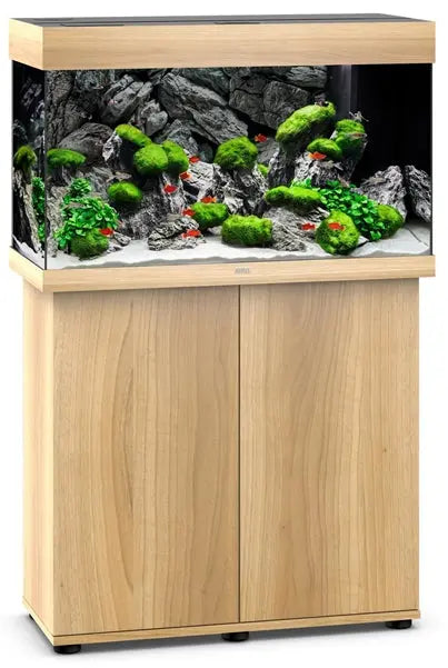 Juwel Rio 125 Light Wood Aquarium & Cabinet Combo featuring integrated LED lighting, advanced filtration, and matching light wood stand for freshwater fish, planted aquariums, and community fish setups.