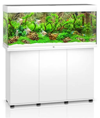 Juwel Rio 240 White Aquarium & Cabinet Combo featuring integrated LED lighting, advanced filtration, and matching white stand for freshwater fish, planted aquariums, and cichlid setups.