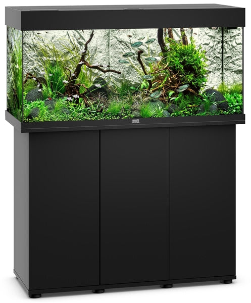 Juwel Rio 180 Black Aquarium & Cabinet Combo featuring integrated LED lighting, advanced filtration, and matching black stand for freshwater fish, planted aquariums, and community fish setups.