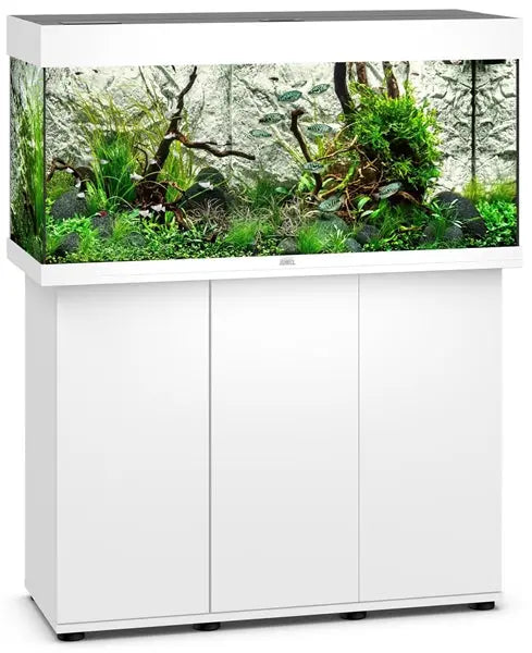 Juwel Rio 180 White Aquarium & Cabinet Combo featuring integrated LED lighting, advanced filtration, and matching white stand for freshwater fish, planted aquariums, and community fish setups.