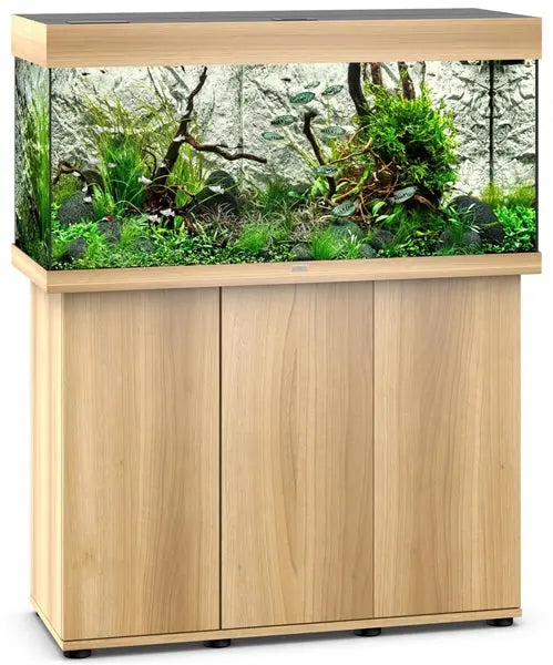 Juwel Rio 180 Light Wood Aquarium & Cabinet Combo featuring integrated LED lighting, advanced filtration, and matching light wood stand for freshwater fish, planted aquariums, and community fish setups.