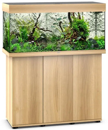 Juwel Rio 180 Light Wood Aquarium & Cabinet Combo featuring integrated LED lighting, advanced filtration, and matching light wood stand for freshwater fish, planted aquariums, and community fish setups.