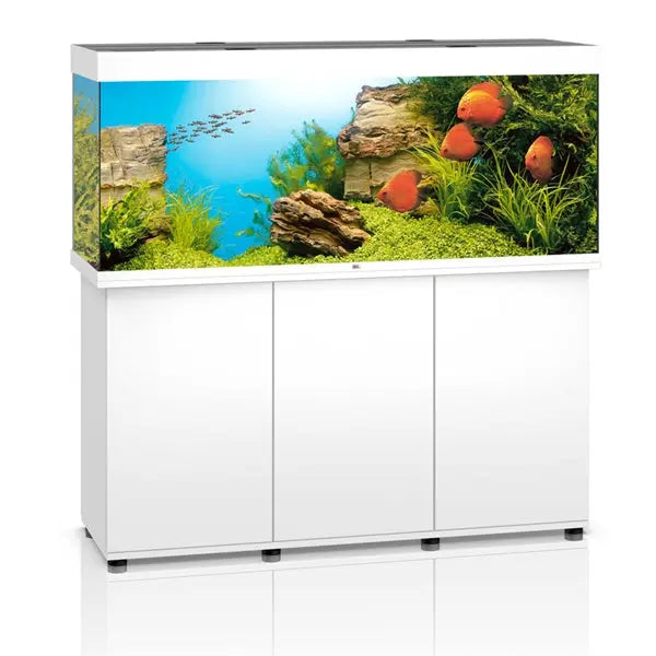 Juwel Rio 450 White Aquarium and Cabinet Combo featuring a 120-gallon freshwater aquarium with integrated LED lighting, filtration, and matching white stand.
