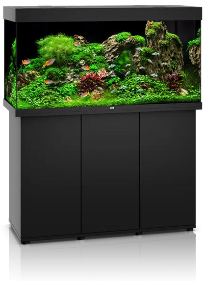 Juwel Rio 350 Black Aquarium & Cabinet Combo with integrated LED lighting, filtration, and matching black stand, ideal for freshwater fish, planted tanks, and cichlid aquariums.