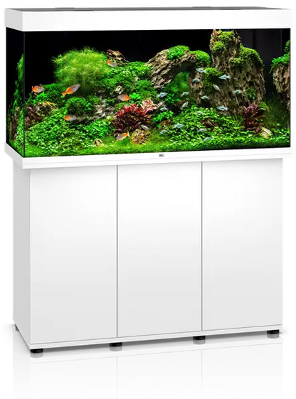 Juwel Rio 350 White Aquarium & Cabinet Combo with integrated LED lighting, built-in filtration, and matching white stand for freshwater fish, planted aquariums, and cichlid setups.