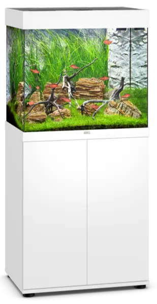 Juwel Lido 120 White Aquarium & Cabinet Combo featuring integrated MultiLux LED lighting, Bioflow filtration system, and matching white stand for freshwater fish, planted aquariums, shrimp, and aquascaping displays.