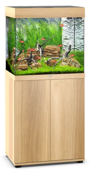 Juwel Lido 120 Light Wood Aquarium & Cabinet Combo featuring integrated MultiLux LED lighting, Bioflow filtration system, and matching light wood stand for freshwater fish, planted aquariums, shrimp, and aquascaping displays.