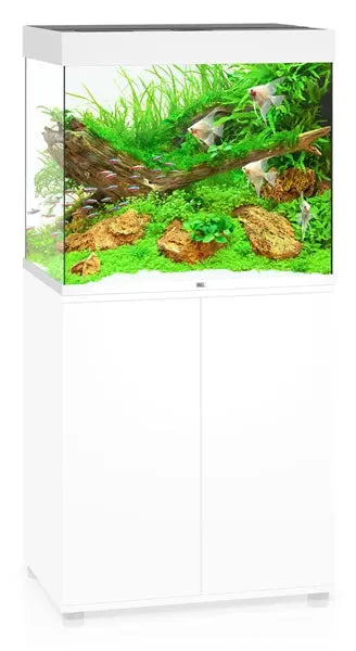 Juwel Lido 200 White Aquarium & Cabinet Combo featuring integrated LED lighting, Bioflow filtration system, and matching white stand for freshwater fish, planted aquariums, and aquascaping displays.