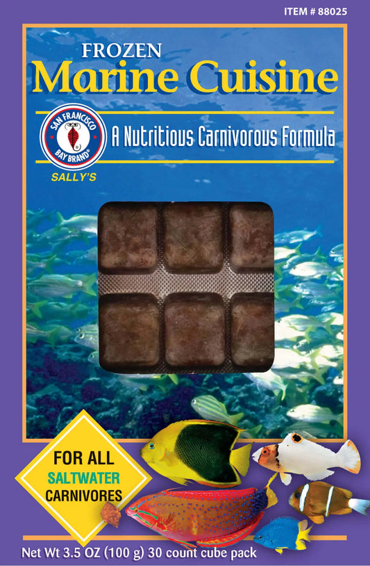 an Francisco Bay Brand Frozen Marine Cuisine 3.5 oz – premium saltwater aquarium fish food blend with shrimp, clams, krill, and spirulina, local pickup only.