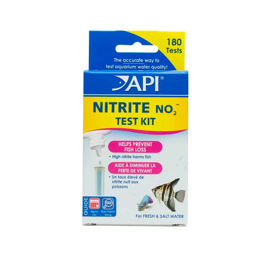 API Nitrite Test Kit – aquarium water testing kit for freshwater and saltwater, includes solution, test tube, and color chart to measure nitrite levels.