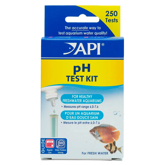 API pH Test Kit – freshwater aquarium water testing kit with solution, test tube, and color chart to measure and monitor pH levels.