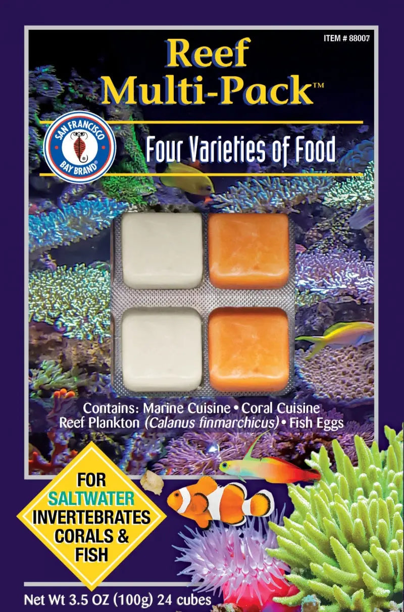 San Francisco Bay Brand Frozen Reef Multi-Pack 3.5 oz – assorted frozen food blends for reef aquariums, including Marine Cuisine, Emerald Entrée, Plankton, and Coral Cuisine, local pickup only.