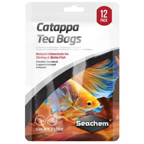 Catappa Tea Bags 12 Pack Indian Almond Leaf aquarium botanicals for betta tanks, shrimp aquariums, nano tanks, and blackwater freshwater setups.