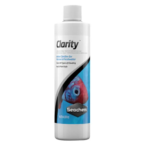 Seachem Clarity 250 mL aquarium water clarifier for cloudy freshwater, saltwater, reef, and planted tanks with substrate dust and fine debris.