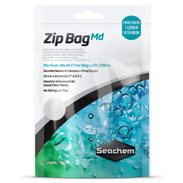 Seachem Zip Bag Medium reusable aquarium filter media bag with zipper closure for Purigen, carbon, resins, phosphate removers, and chemical filtration media.