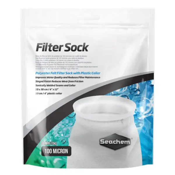 Seachem Filter Sock 100 Micron reusable aquarium sump filter sock for fine mechanical filtration, water polishing, reef tanks, freshwater sumps, and debris removal.