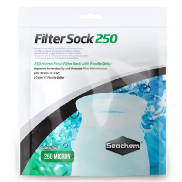Seachem Filter Sock 250 Micron Welded 4x12 reusable aquarium sump filter sock for reef tanks, freshwater sumps, strong water flow, and debris removal.