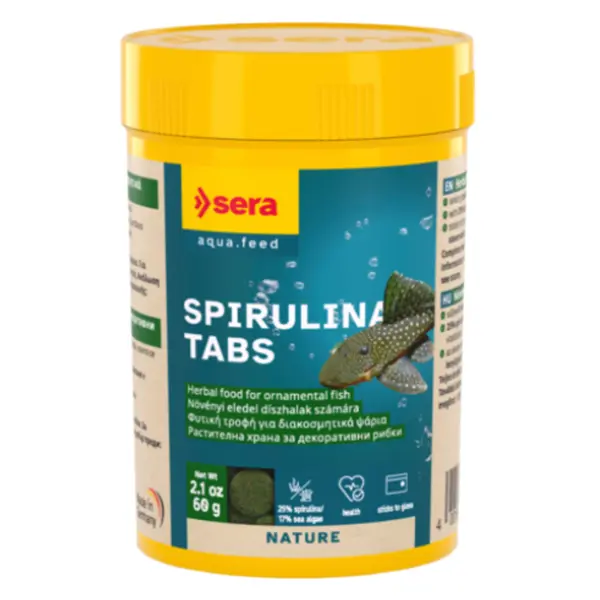 Sera Spirulina Tabs 2.1 oz – algae-based stick-on fish food tablets for plecos, shrimp, and herbivorous aquarium fish