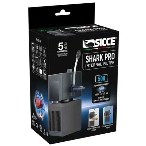 Sicce Shark PRO 500 internal aquarium filter 132 GPH for freshwater planted and saltwater tanks