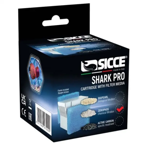 Sicce SHARK PRO Zerophos replacement cartridge with sponge for aquarium filters, retail box showing BioPearl, Zerophos, and Active Carbon filtration media