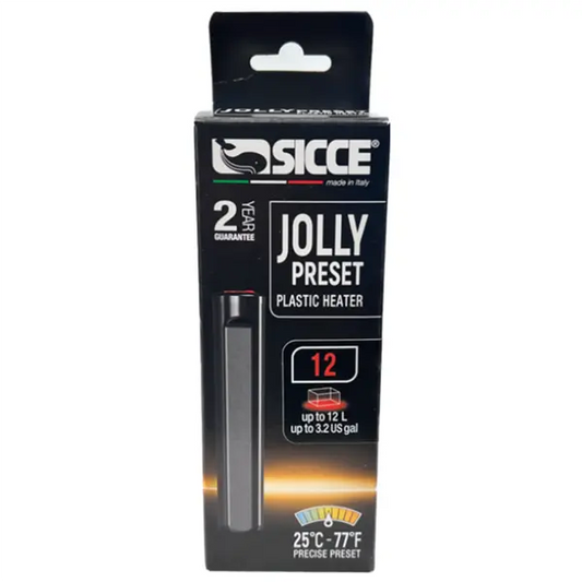Sicce Jolly Preset 12 W Aquarium Heater – compact, unbreakable plastic heater preset to 77 °F with automatic shut-off for nano tanks.