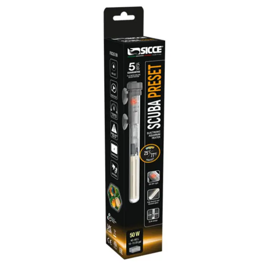 SICCE Scuba Preset 50W fully submersible aquarium heater for 10 to 15 gallon tanks