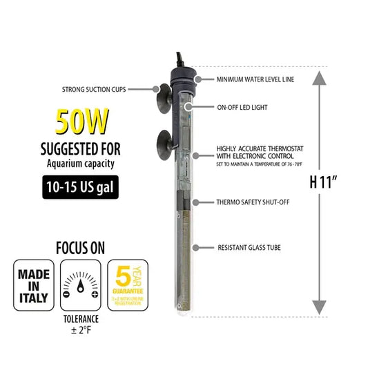 SICCE Scuba Preset 50W aquarium heater diagram showing labeled features including suction cups, on-off LED light, electronic thermostat, thermo safety shut-off, and resistant glass tube