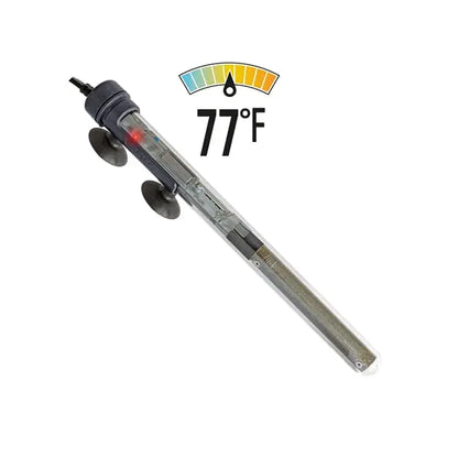 SICCE Scuba Preset 50W submersible aquarium heater with black control cap and suction cups, preset to 77°F