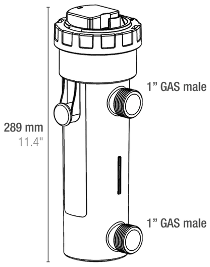 Sicce UV Filter 7W dimension diagram showing 289 mm height and 1-inch inlet and outlet connections