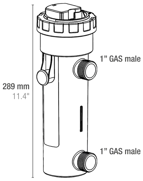 Sicce UV Filter 7W dimension diagram showing 289 mm height and 1-inch inlet and outlet connections