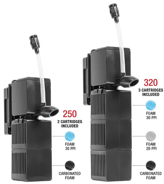 SICCE Shark PRO Nano 250 and 320 internal aquarium filters showing included foam cartridges and filtration media