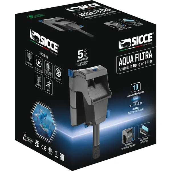 Sicce Aqua Filtra 10 Hang-On-Back filter – compact aquarium filter for tanks up to 10 gallons, with 3-stage filtration.