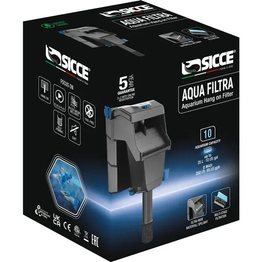 Sicce Aqua Filtra 10 Hang-On-Back filter – compact aquarium filter for tanks up to 10 gallons, with 3-stage filtration.