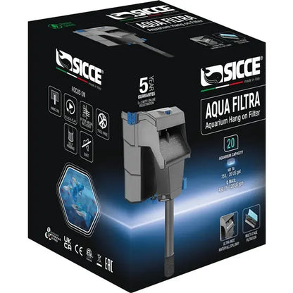 Sicce Aqua Filtra 20 Hang-On-Back filter – compact aquarium filter for tanks up to 20 gallons, with 3-stage filtration.
