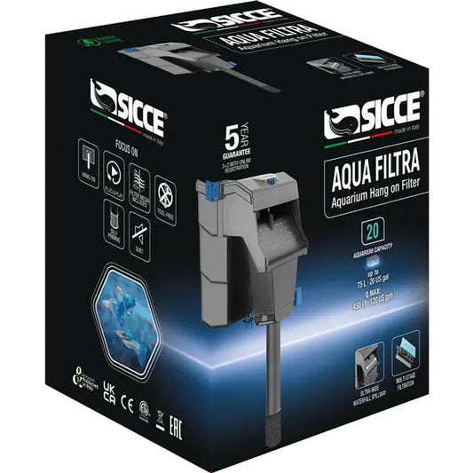 Sicce Aqua Filtra 20 Hang-On-Back filter – compact aquarium filter for tanks up to 20 gallons, with 3-stage filtration.