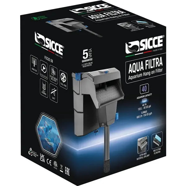 Sicce Aqua Filtra 40 Hang-On-Back filter – efficient aquarium filter with 3-stage filtration for aquariums up to 40 gallons.