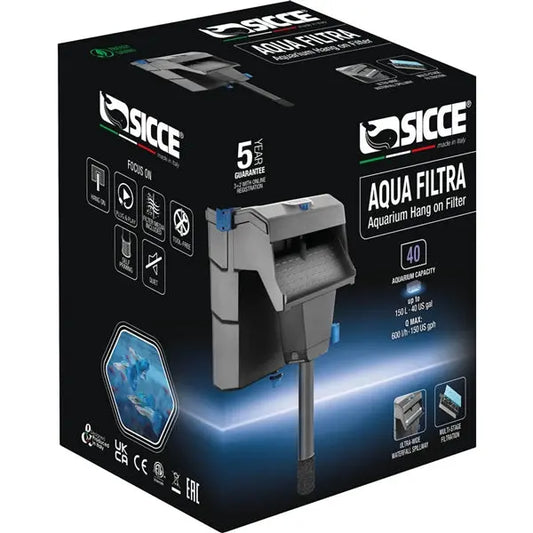 Sicce Aqua Filtra 40 Hang-On-Back filter – efficient aquarium filter with 3-stage filtration for aquariums up to 40 gallons.