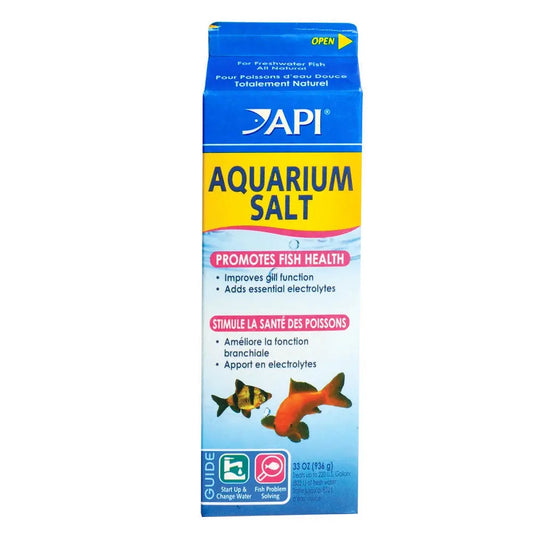 API Aquarium Salt 33oz container – pure evaporated sea salt for freshwater fish health and stress reduction, suitable for tropical aquariums.