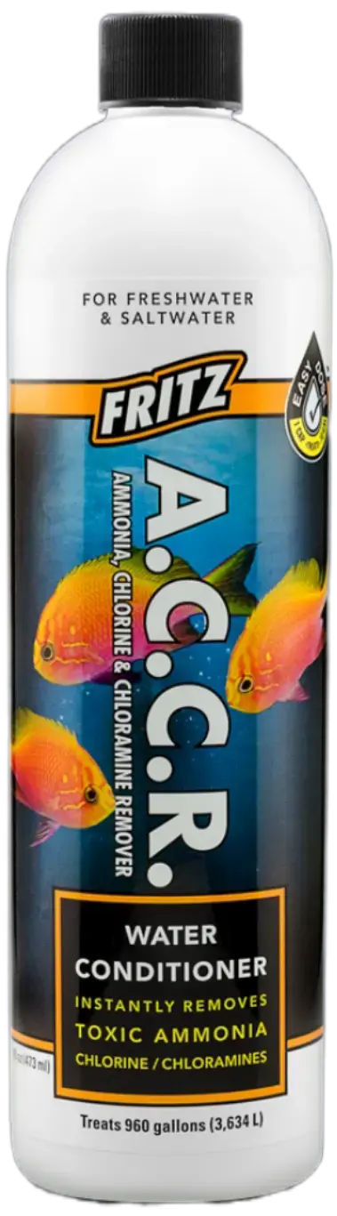 Fritz A.C.C.R. Liquid 4 fl oz – aquarium-safe water conditioner that instantly removes ammonia, chlorine, and chloramines while preserving pH and oxygen levels.