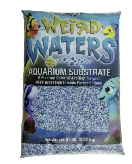 Weird Waters blue aquarium substrate with deep blue and bright white gravel for freshwater aquariums and ocean-themed fish tanks