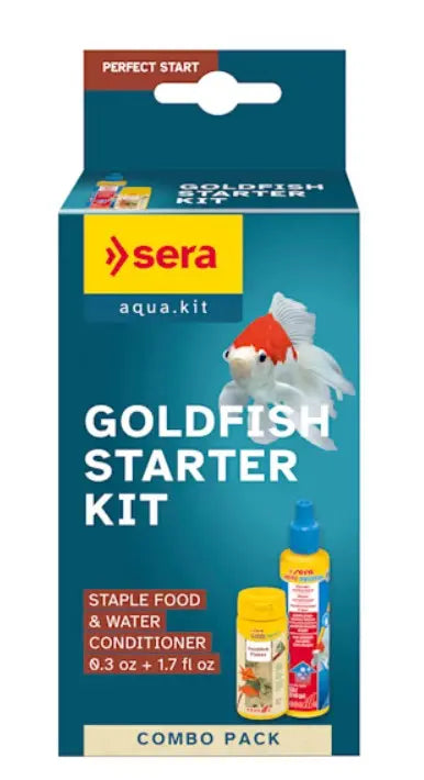 Sera Goldfish Starter Kit with goldfish flakes and Goldy Aquatan water conditioner for goldfish aquariums.